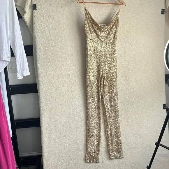 Raga Jumpsuit Womens XS Gold‎ Sequin Spaghetti Strap - Picture 2 of 14